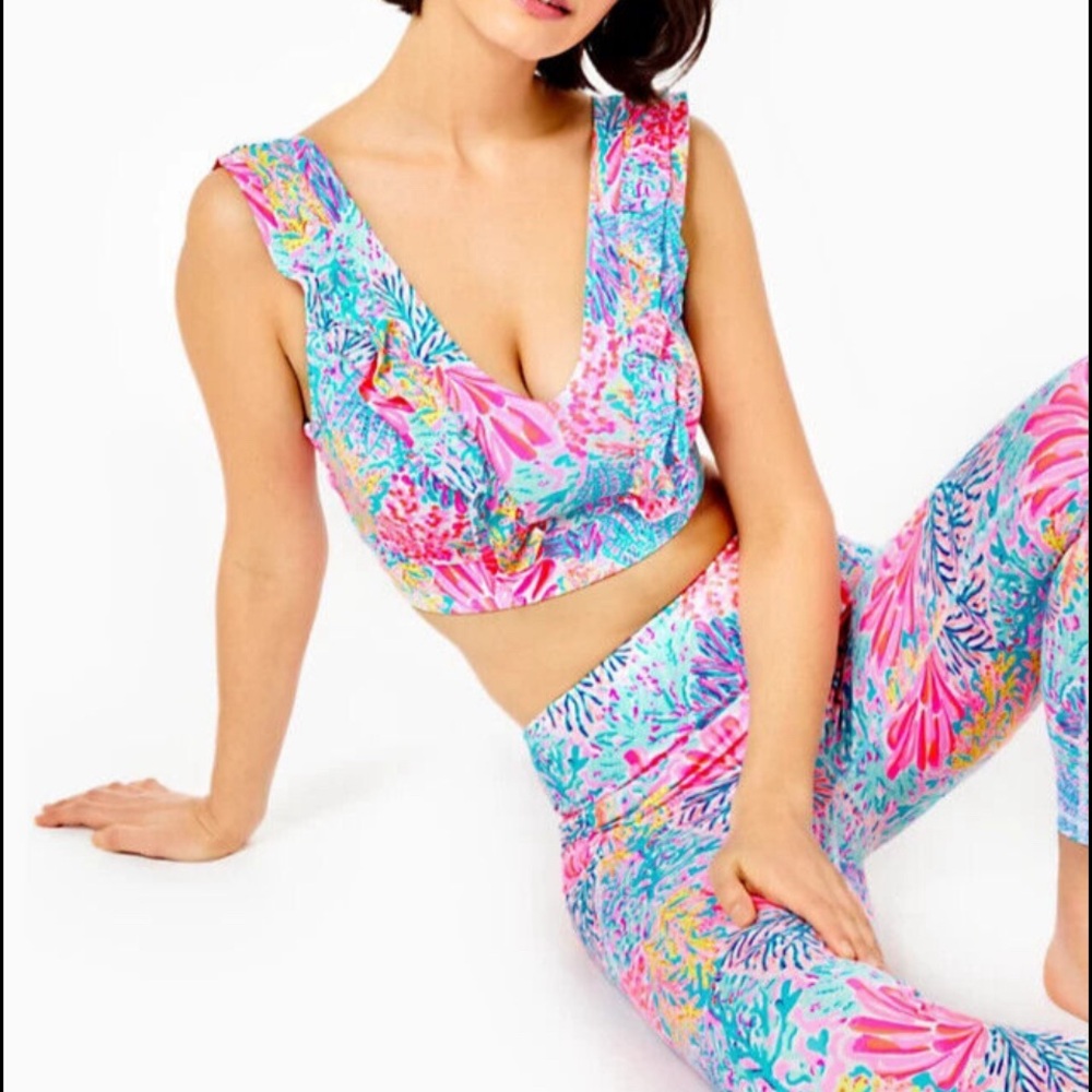 NEW Lilly Pulitzer Splashdance Ruffle Sports Bra AND midi high rise leggings EUC